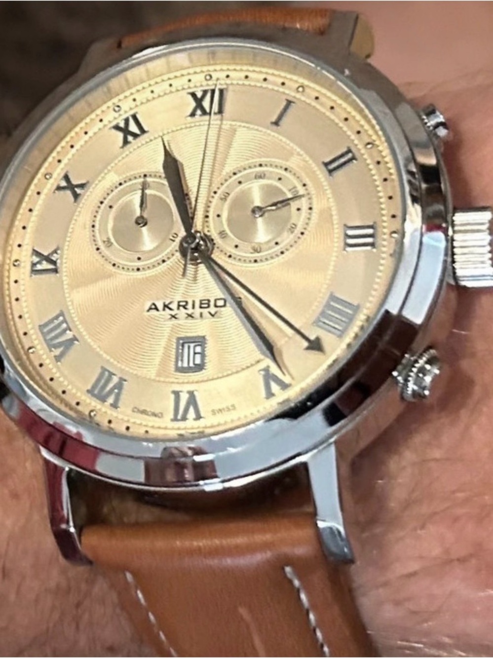 Akribos XXIV Gold Dial Silver Case Brown Leather Strap Chronograph Watch